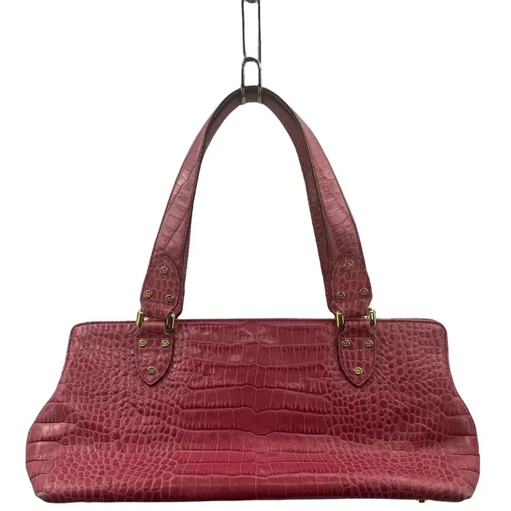 Kate Spade New York Womens Satchel‎ Handbag Pink Crocodile Embossed Pocket Snaps